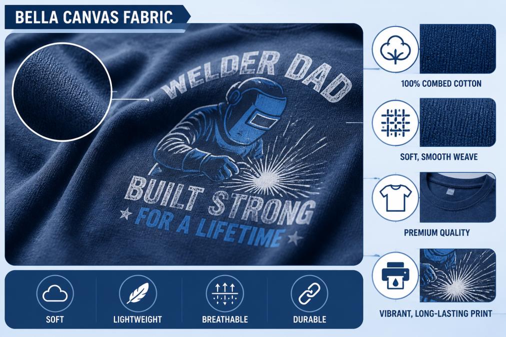 Close-up of premium Bella Canvas fabric texture showing the soft combed cotton weave and detailed quality of a welding graphic print, studio lighting highlighting fabric quality
