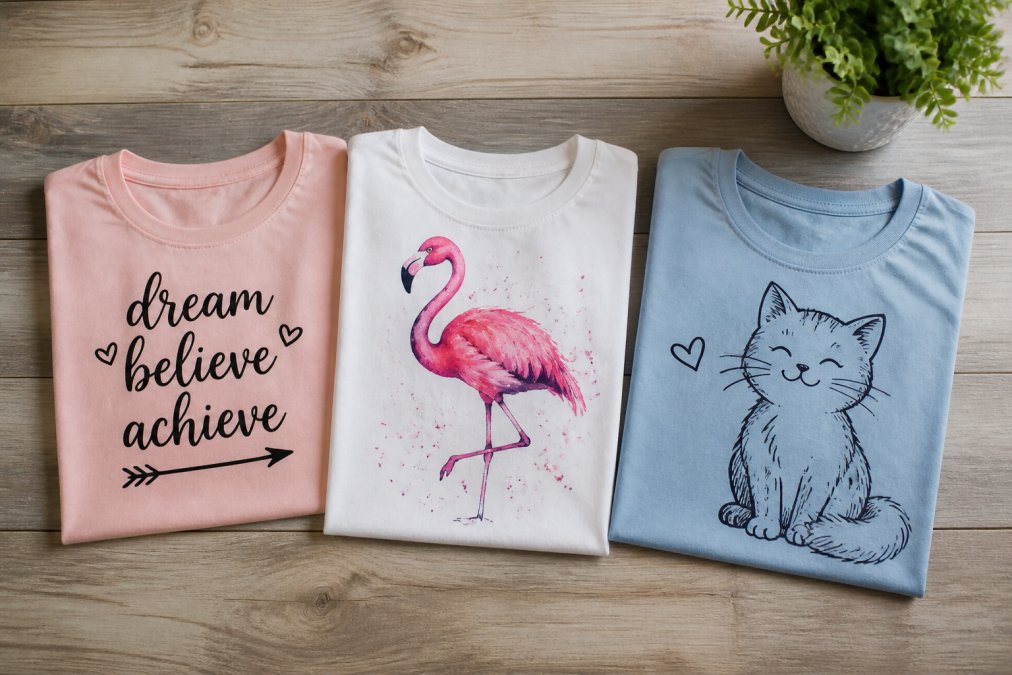 Three folded graphic tees with positive messaging, featuring a dream quote, a flamingo, and a cat, on a wooden surface.