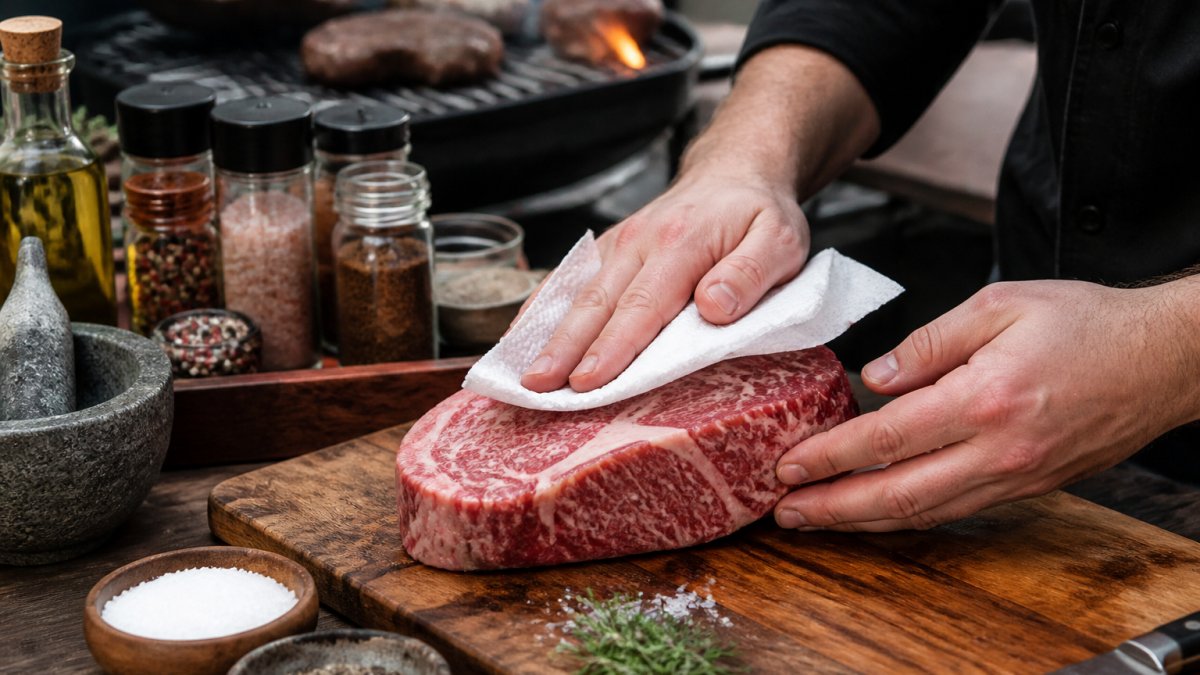 Hands patting a premium grass-fed Wagyu steak dry with paper towels on a wooden cutting board, with marbling clearly visible
