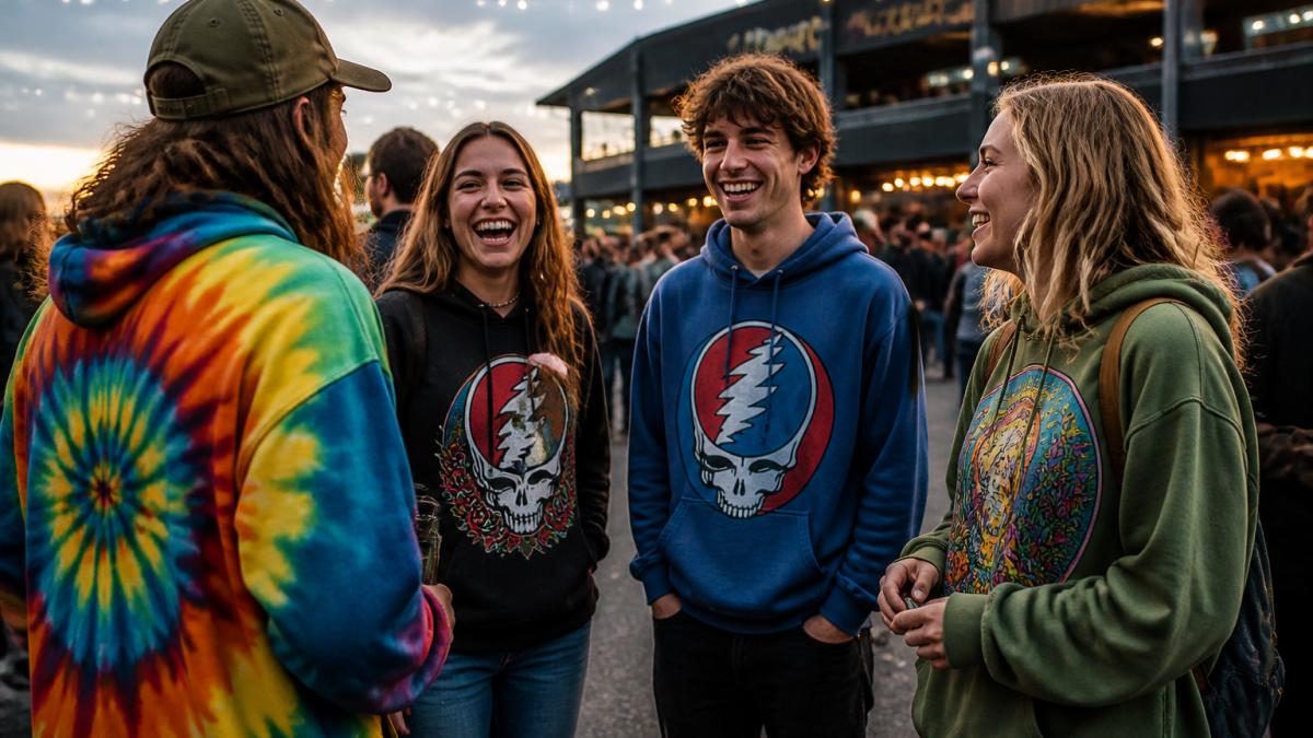 A group of young music fans wearing colorful graphic pullover hoodies chatting outside a concert venue at dusk, warm string lights overhead