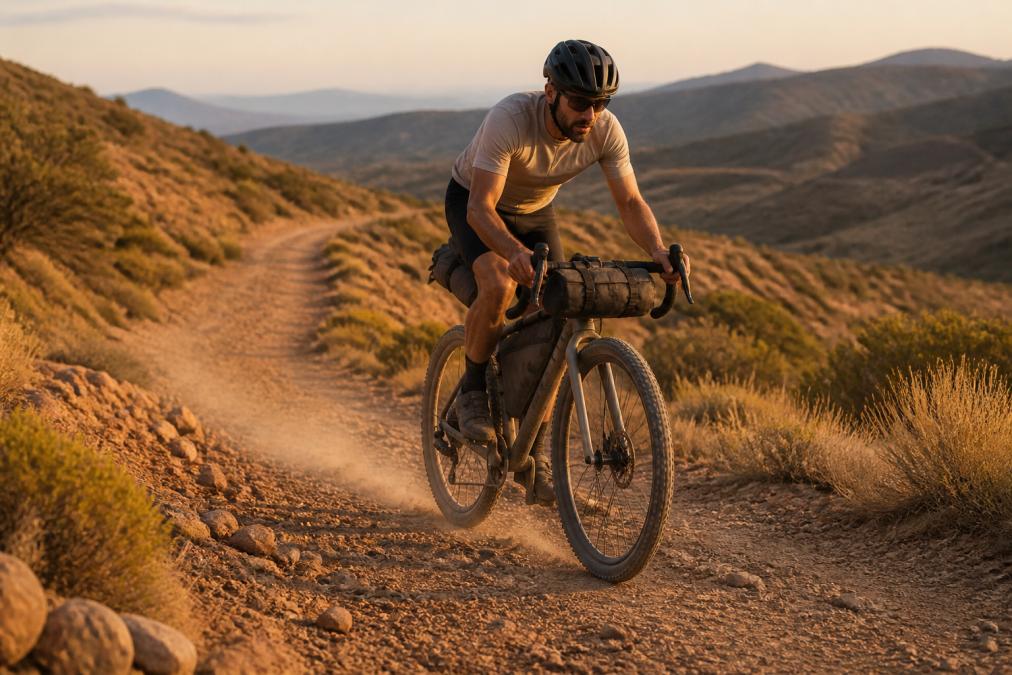 A gravel cyclist riding a carbon-wheeled bike along a rough, dusty fire trail at golden hour, dust kicking up from the rear tyre, wide handlebars and loaded frame bag visible