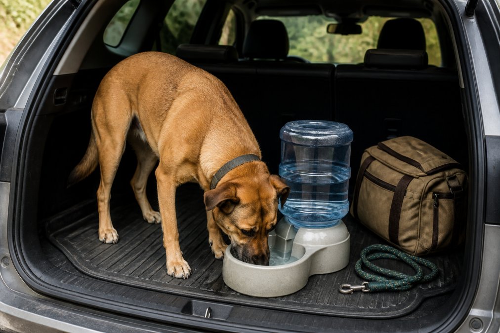 A medium-sized dog drinking from a gravity water dispenser on a stable mat inside a car trunk during a road trip.
