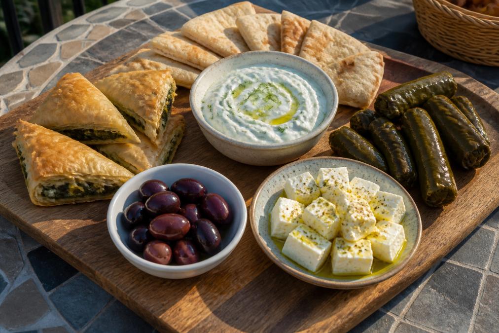 Overhead shot of a large wooden serving board on an outdoor patio table in warm sunlight, filled with a bowl of tzatziki surrounded by pita wedges, golden spanakopita triangles, dolmades, a dish of kalamata olives, and cubes of feta drizzled with olive oil