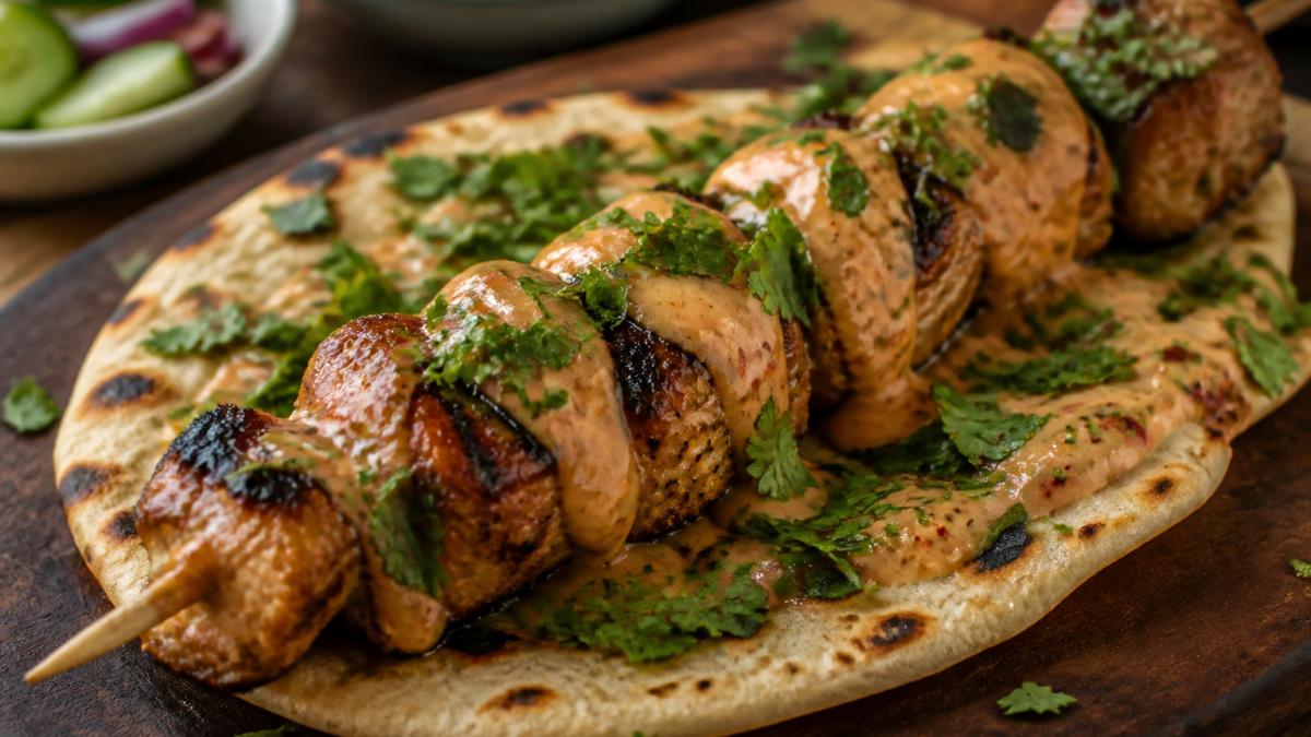 Close-up of a charcoal-grilled souvlaki skewer resting on warm pita bread, topped with house-made sauce and scattered fresh herbs, served on a rustic wooden board under warm restaurant lighting