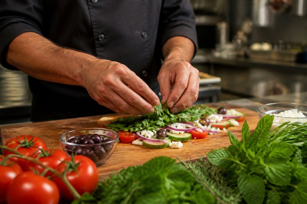 Chef's hands carefully arranging fresh Mediterranean vegetables and herbs on a wooden prep station, natural kitchen lighting, with authentic Greek ingredients visible