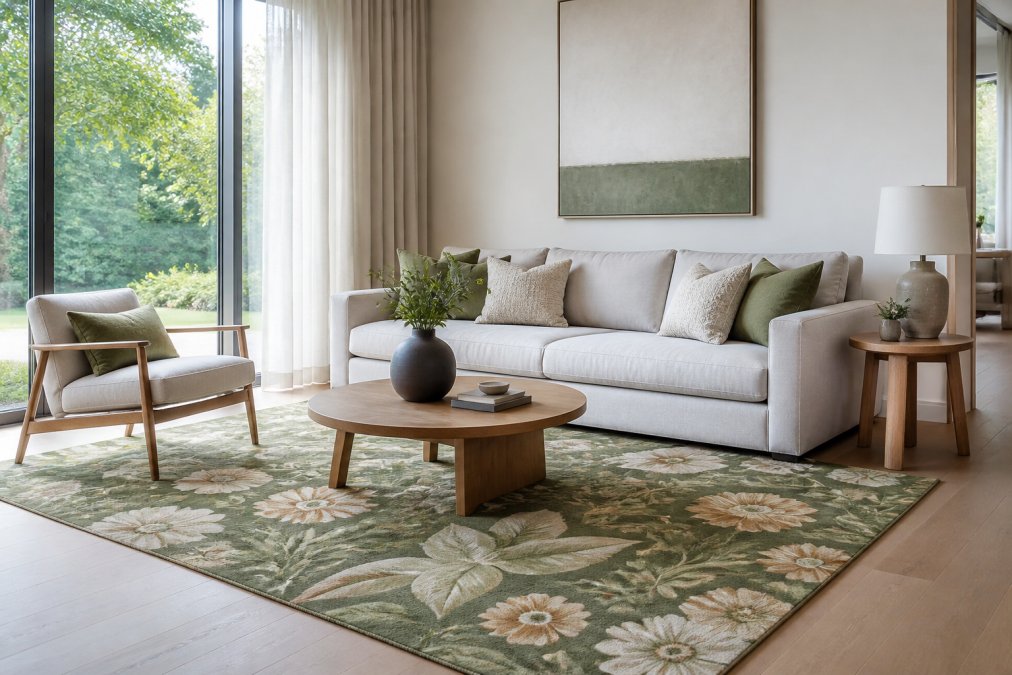Bright modern living room featuring a green floral area rug anchoring a contemporary seating arrangement with light gray sofa, minimalist wood side tables, and floor-to-ceiling windows with natural light, showing how botanical patterns complement modern furniture and neutral wall tones