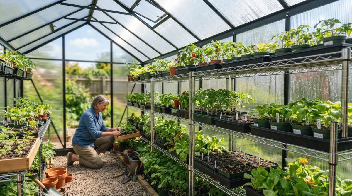 Homeowner standing inside a spacious polycarbonate greenhouse with seedling trays on shelves, natural light streaming through clear panels, tomato plants visible in background