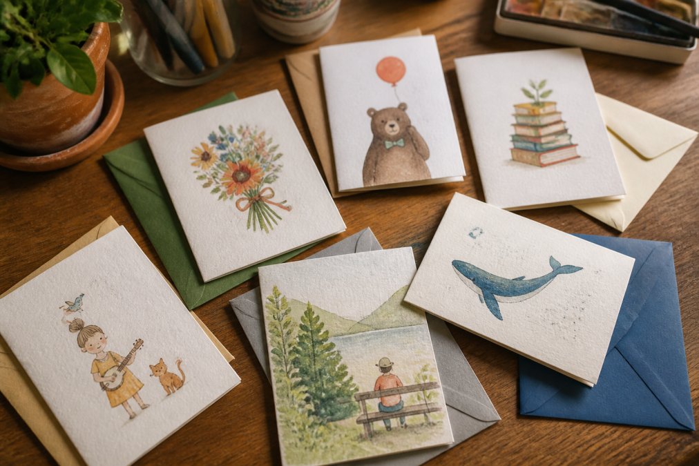 Flat lay of several hand-illustrated greeting cards with envelopes spread on a wooden table, showing varied paper textures and colorful illustrations, natural window lighting