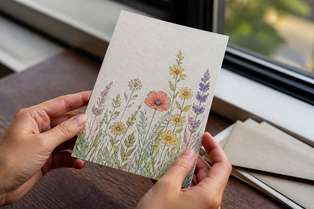 Close-up of hands holding and examining a greeting card, showing paper texture and hand-illustrated details with natural window lighting