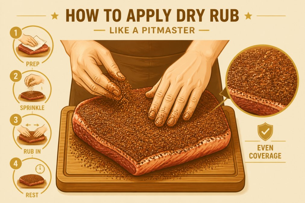 Close-up of hands generously applying a dark, fragrant spice rub to raw brisket on a wooden cutting board, showing even coverage across the meat's surface with visible seasoning coating