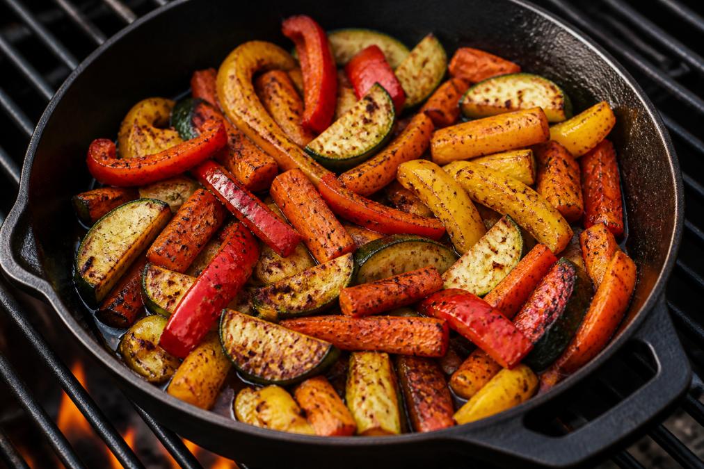 Colorful roasted vegetables including red and yellow bell peppers, zucchini, and orange carrots coated with fragrant dark spice rub in a cast iron skillet, glistening with olive oil and fresh from the grill