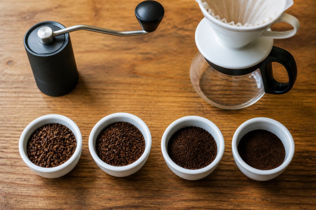Four bowls of coffee beans showing different grind size levels on a wooden counter with a hand grinder and dripper.