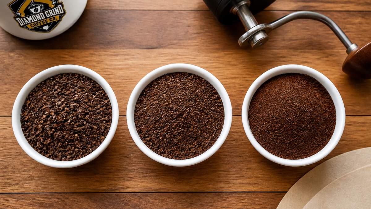 Three bowls containing coarse, medium, and fine coffee grounds next to a hand grinder and paper filter on a wooden table.
