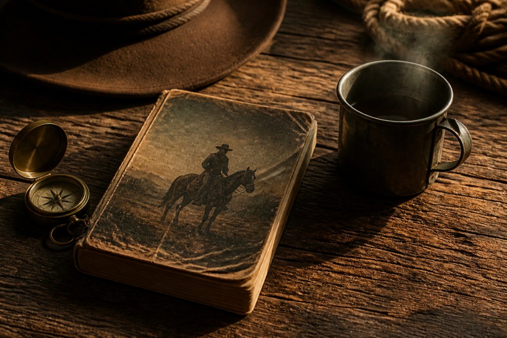 A weathered paperback copy of a historical western thriller resting on a rough wooden table next to a vintage brass compass and a steaming tin coffee cup, with warm amber light casting long shadows across the scene