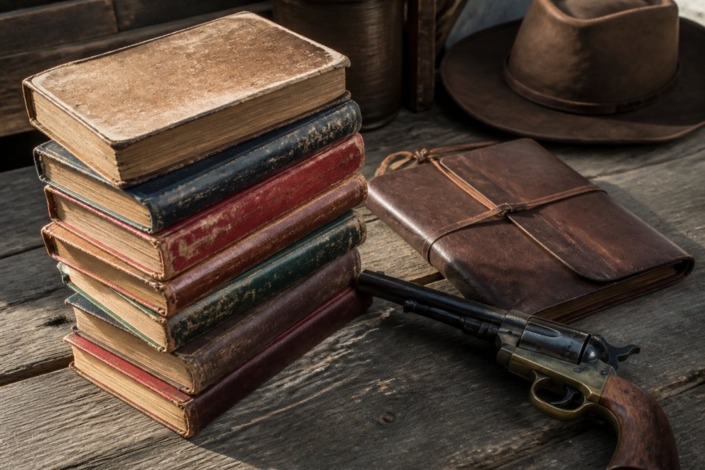 A stack of well-worn western novels on a rustic wooden table, with a leather-bound journal and a vintage revolver nearby, evoking a gritty frontier atmosphere