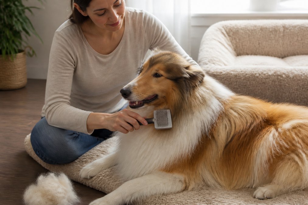 Pet owner using a slicker brush on a long-haired dog with gentle, angled strokes following the coat direction, demonstrating proper grooming posture in natural home lighting