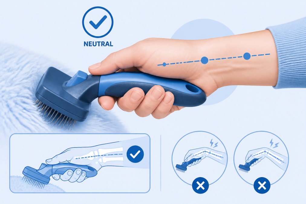 Close-up of a person's hand holding a grooming brush with an ergonomic handle, showing proper neutral wrist position and relaxed grip during grooming