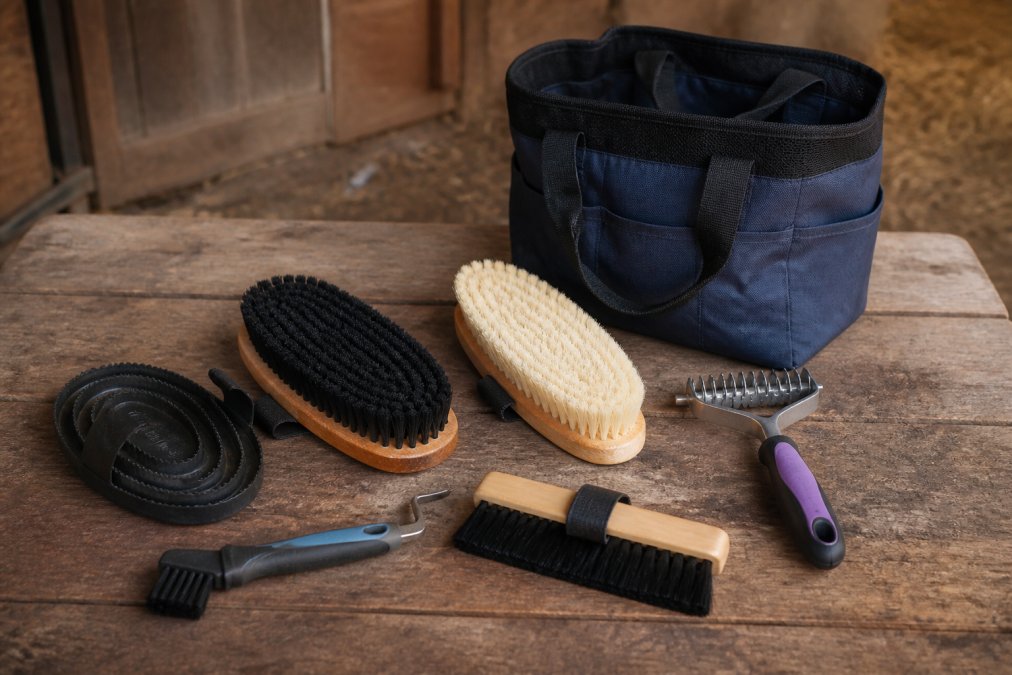 A flat lay of horse grooming tools arranged neatly on a worn wooden barn surface in natural morning light: rubber curry comb, stiff body brush, soft body brush, hoof pick, mane and tail brush, and a shedding rake with a grooming tote bag beside them