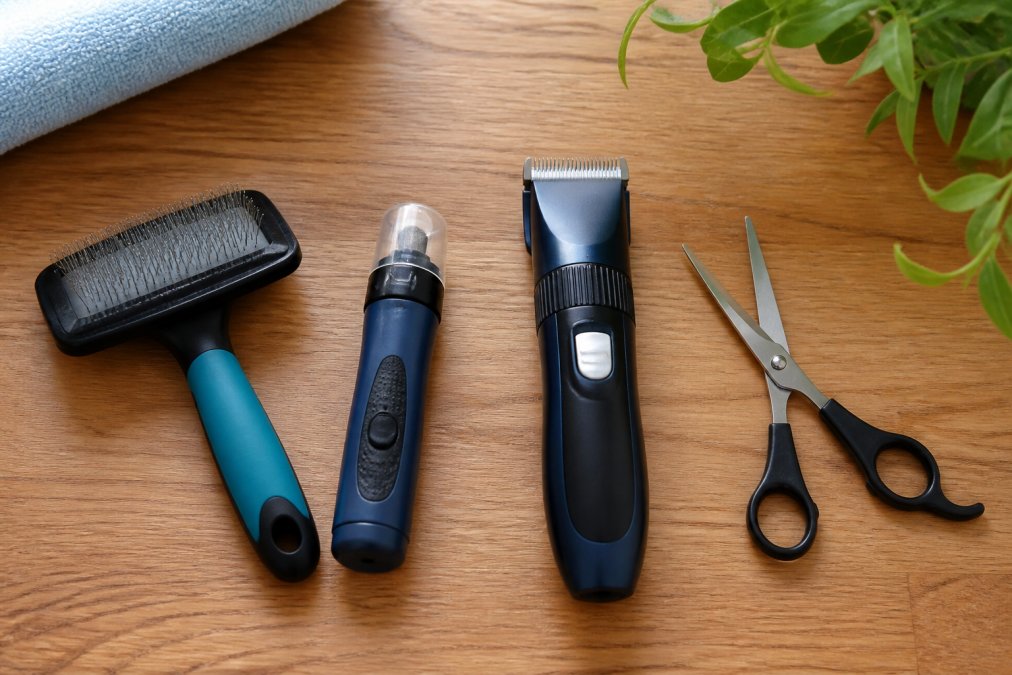 Flat-lay arrangement of beginner-friendly grooming tools including slicker brush, nail grinder, cordless clippers, and scissors on a clean wooden surface with natural lighting