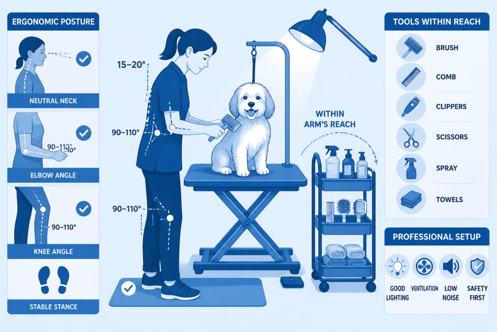 Person grooming a calm dog on a grooming table with proper ergonomic posture, professional lighting, and organized grooming tools within arm's reach