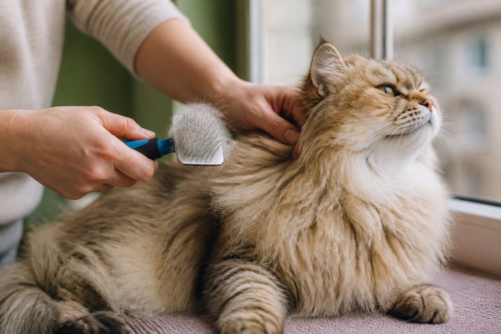 Close-up of hands gently brushing a fluffy long-haired cat, with loose fur visibly coming away from the dense coat in natural daylight