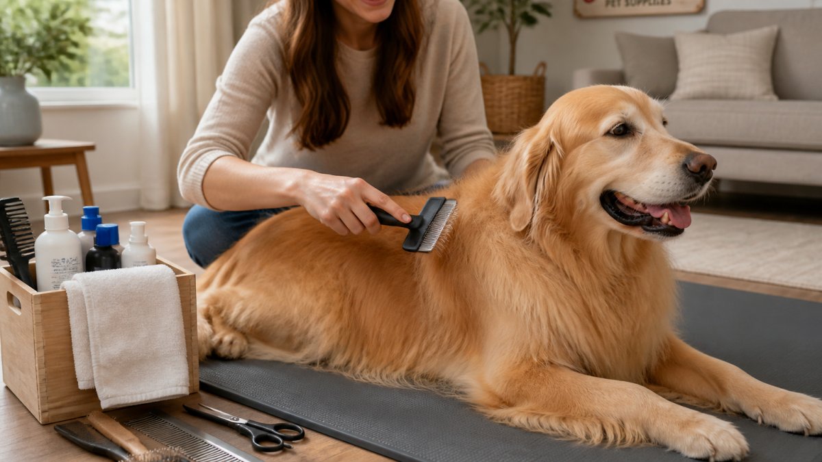 A person brushing a long-haired golden retriever with a slicker brush in a bright living room, dog relaxed on a non-slip mat, grooming tools arranged neatly nearby