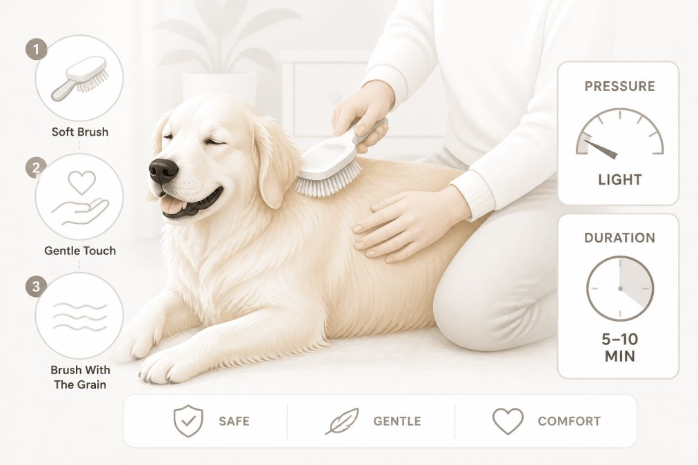 Dog owner gently brushing a golden retriever's coat with a soft-bristle brush, showing calm hand positioning and relaxed dog body language in natural indoor lighting