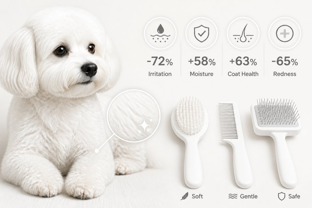 Close-up of a dog's shiny, healthy coat after gentle grooming with soft-bristle brush, showing calm expression and grooming tools arranged nearby on a light background