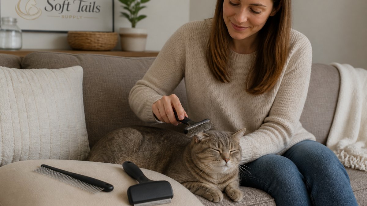A pet owner gently brushing a relaxed short-haired cat on a living room sofa, with a grooming comb and deshedding brush resting on a nearby cushion