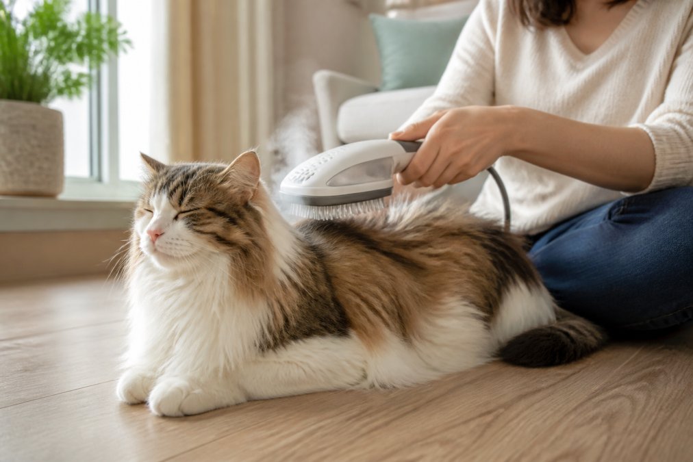 Close-up of a calm cat sitting on a light wood floor while a person gently runs a steam brush through its long fur, soft steam mist visible, natural window light, cozy living room setting