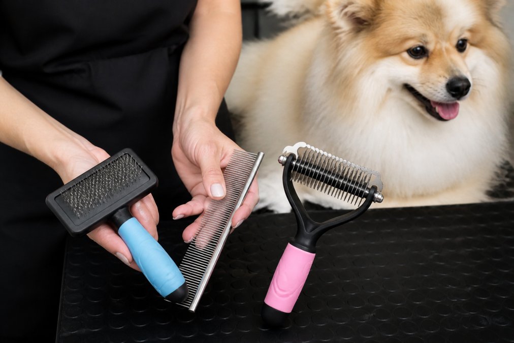 Close-up of a dog owner's hands holding different grooming tools including a slicker brush, metal comb, and deshedding rake arranged on a grooming table next to a fluffy double-coated dog