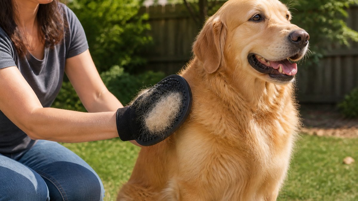 Step-by-step demonstration of using a grooming mitt to remove loose fur from a Golden Retriever’s coat