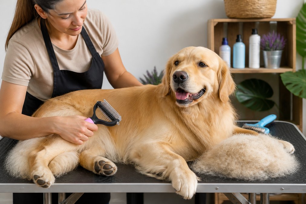 A pet owner actively grooming a shedding dog at home with a deshedding tool, showing visible loose undercoat and fur being removed into a pile, with the dog appearing calm and comfortable on a grooming table