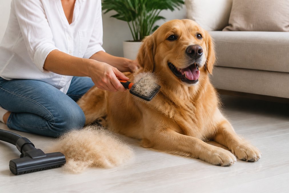 A pet owner brushing a happy golden retriever on a light-colored living room floor, with a pile of loose fur visible on the brush and a vacuum attachment nearby