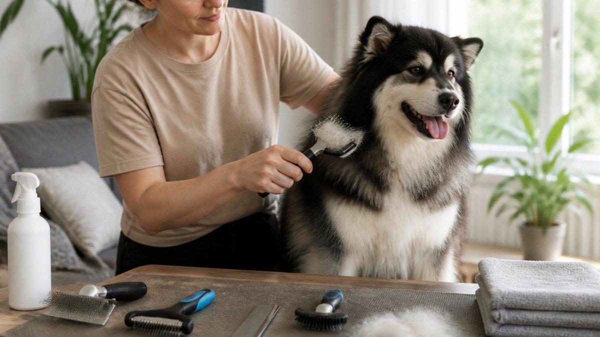 A person using an undercoat rake on a fluffy double-coated dog, loose fur visible on the rake, bright home living room with natural light