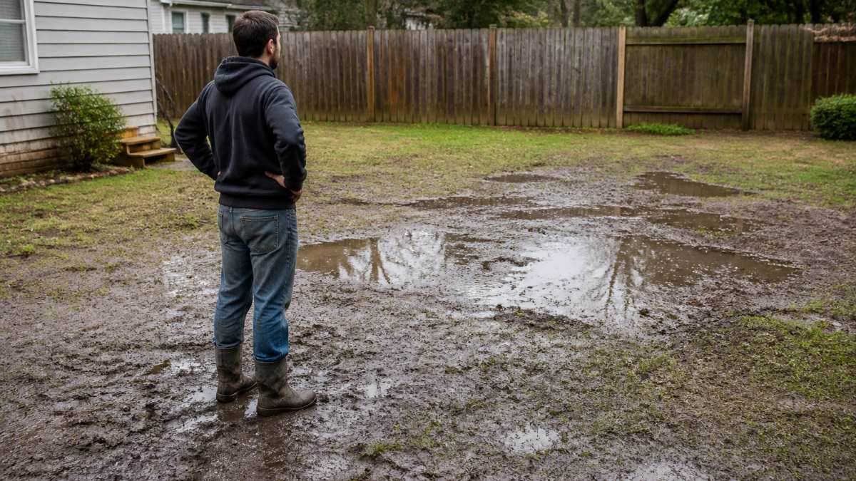 Homeowner standing in a muddy backyard with visible standing water pooling in low spots, compacted soil visible, and worn grass areas showing erosion