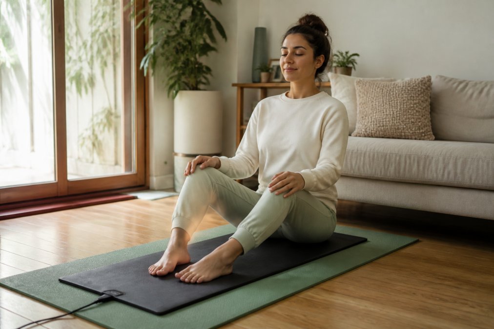 A person sitting comfortably on a grounding mat placed over a yoga mat in a calm home living room, with bare feet resting on the mat and soft natural light coming through a window