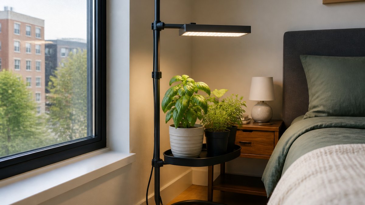 Diagram showing how to secure grow light cables to a metal stand without damaging apartment walls