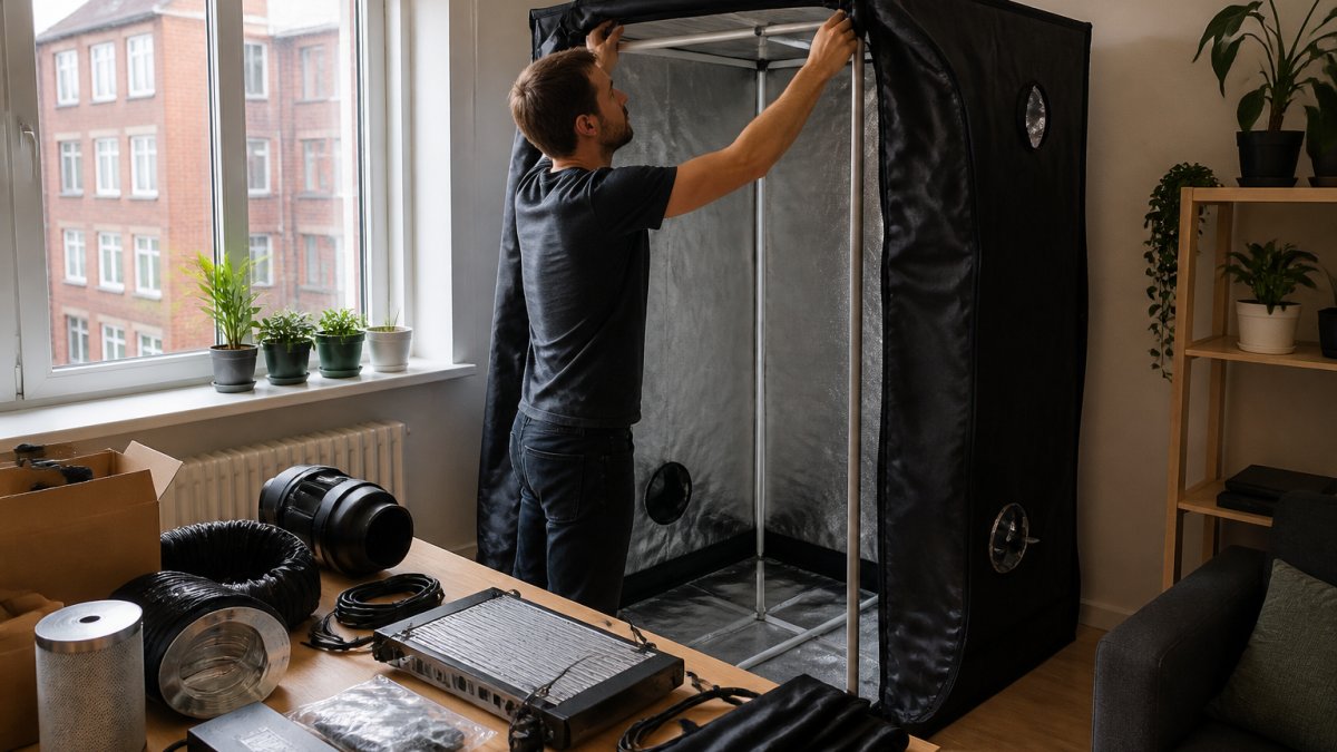 A person assembling a small grow tent in a compact flat, fitting the frame together with the fabric cover partially in place, natural daylight from a nearby window