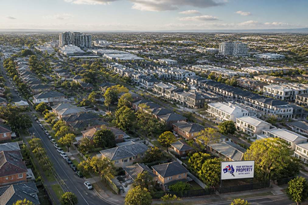Aerial view of a growing Melbourne suburb with new residential developments, tree-lined streets, and mixed housing types showing urban renewal in afternoon light