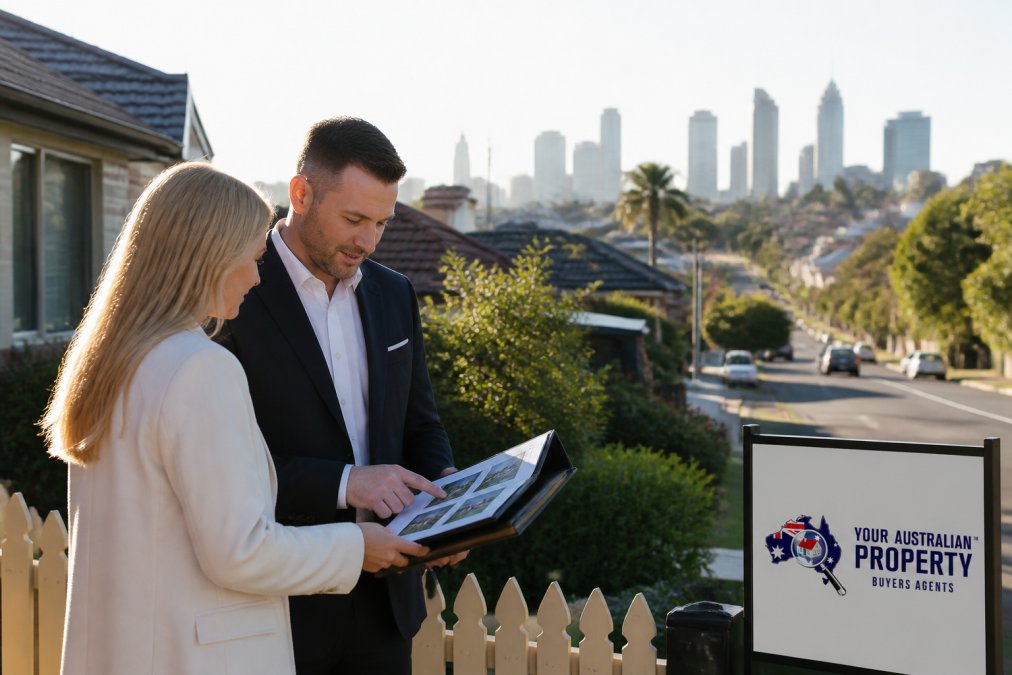 Property professional and client reviewing property details and market data on a tablet during an inspection, with Melbourne suburb backdrop visible in morning light