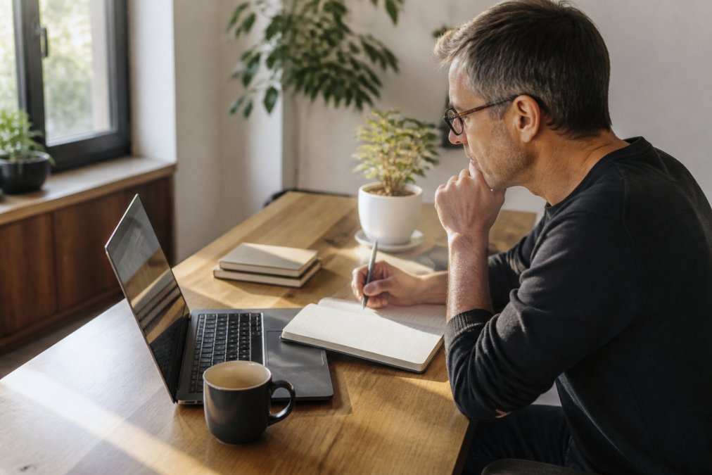 Freelance consultant using GTD software for Mac to organize a weekly schedule in a bright home office