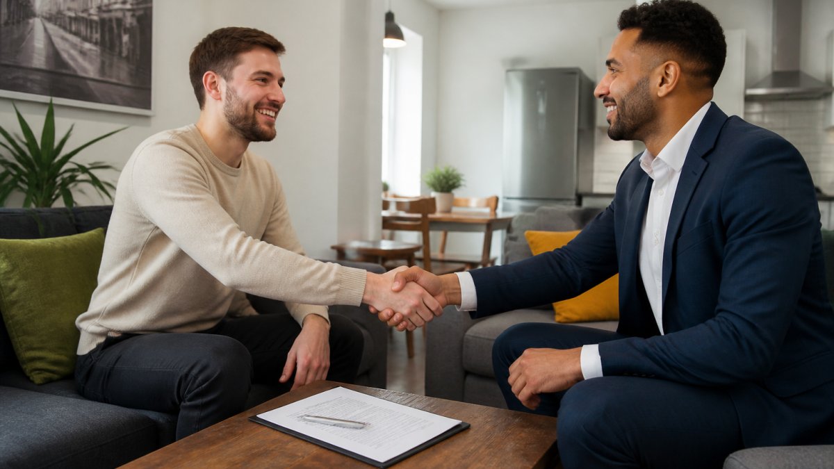A landlord and a property manager shaking hands in a bright, modern HMO living room, with a signed lease document on the table between them