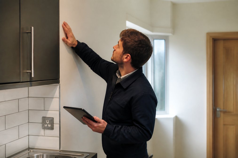 Professional property manager conducting thorough inspection of rental property interior, checking walls, fixtures and maintenance condition in modern residential space