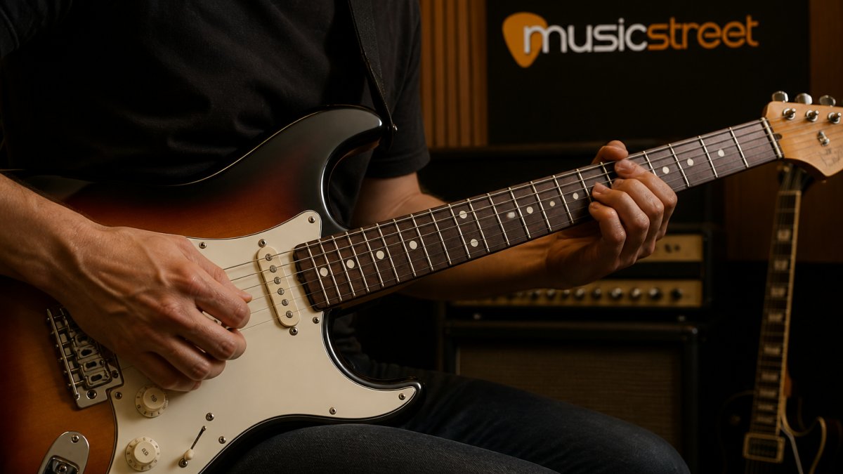 Close-up of an electric guitar being played by a musician in a studio setting, showing the instrument's body, pickups, and neck detail with warm studio lighting