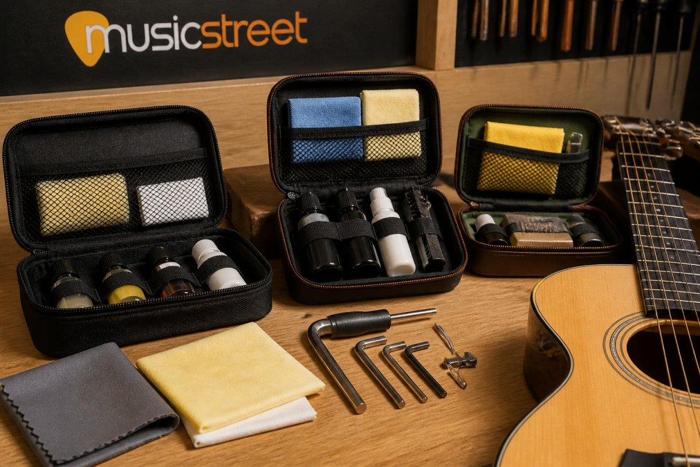 Close-up photograph of several open guitar maintenance kits laid out on a wooden workbench, showing tool cases, polish bottles, microfibre cloths and hex keys arranged neatly beside an acoustic guitar under warm workshop lighting