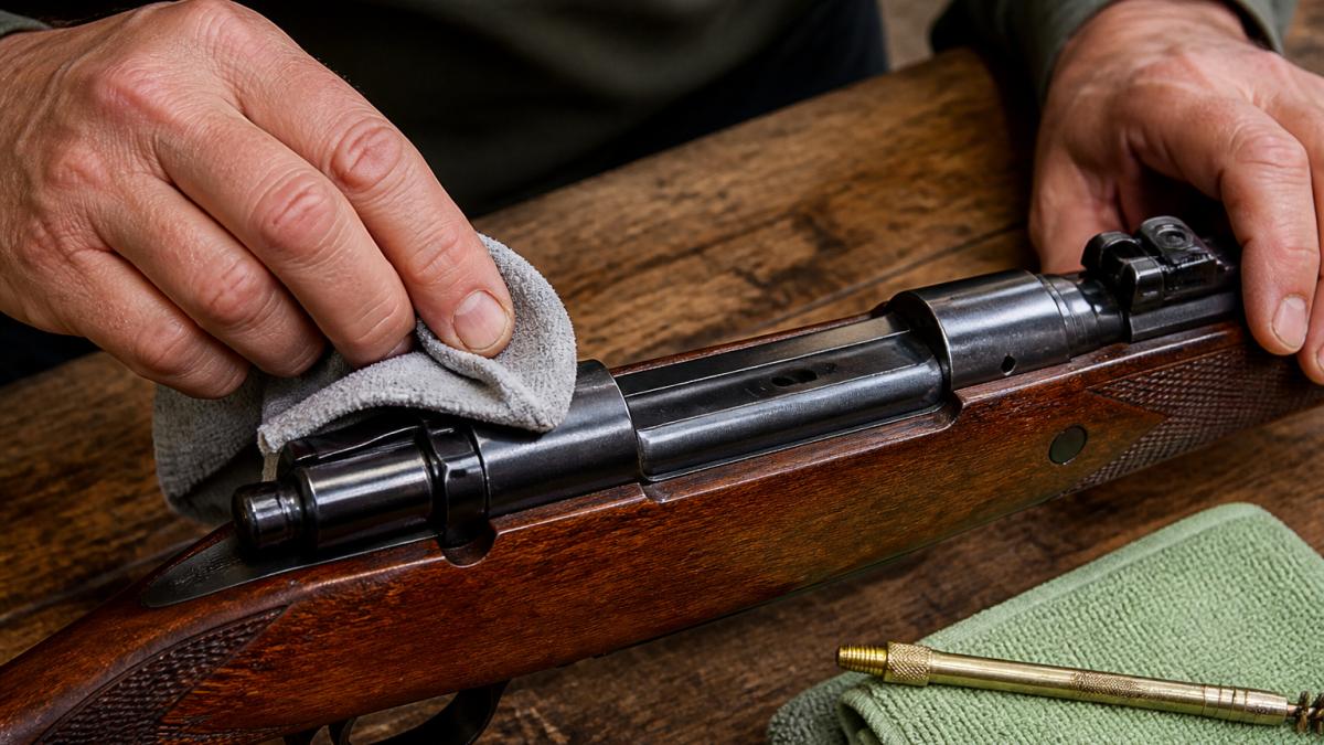 Hands carefully applying lubricant to a blued steel rifle receiver with a soft microfiber cloth on a workbench