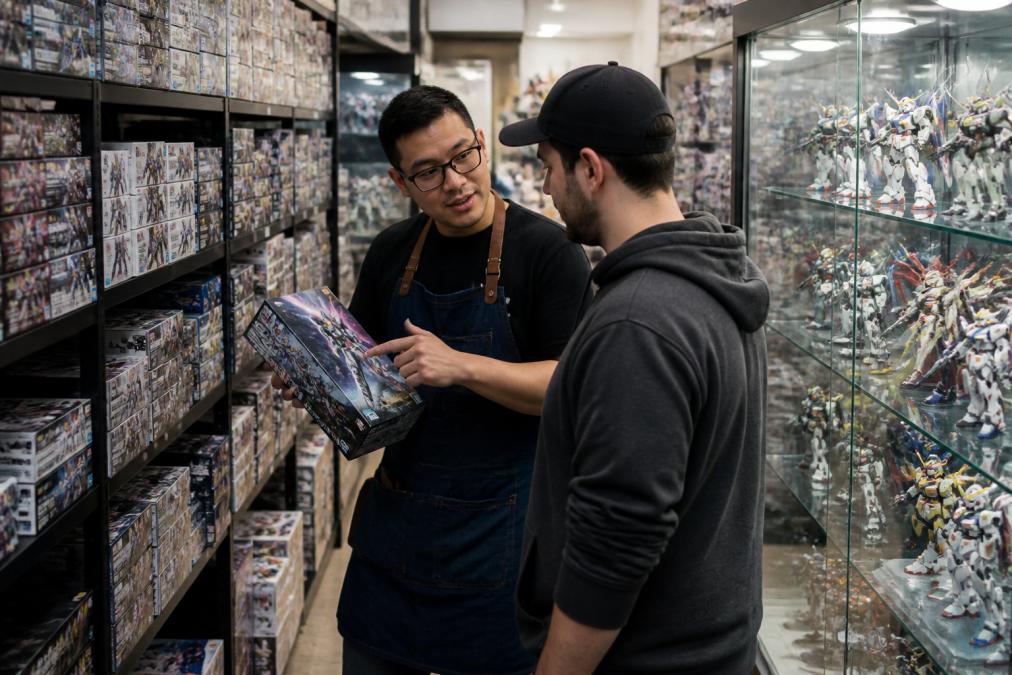 Staff member assisting a customer with model kits inside a Gunpla hobby shop filled with display cases