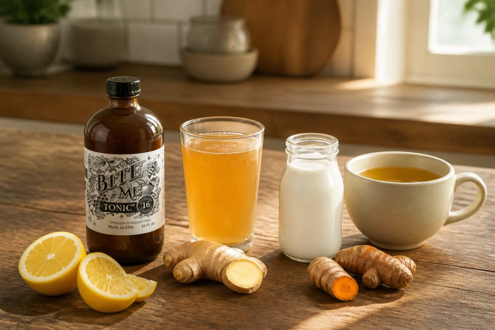 Flat lay of several gut health drinks on a worn wooden kitchen counter: a bottle of apple cider vinegar tonic, a glass of kombucha, a small jar of kefir, and a cup of ginger tea arranged with fresh ginger root, turmeric, and lemon slices in warm morning light