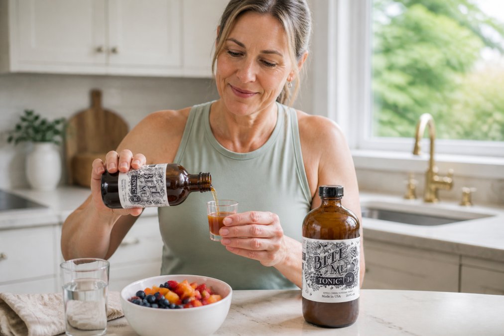 A woman in her mid-40s in a bright, modern kitchen pouring a wellness tonic shot into a small glass in the morning light, with a bottle of Bite Me Tonic visible on the counter beside a bowl of fresh fruit and a glass of water